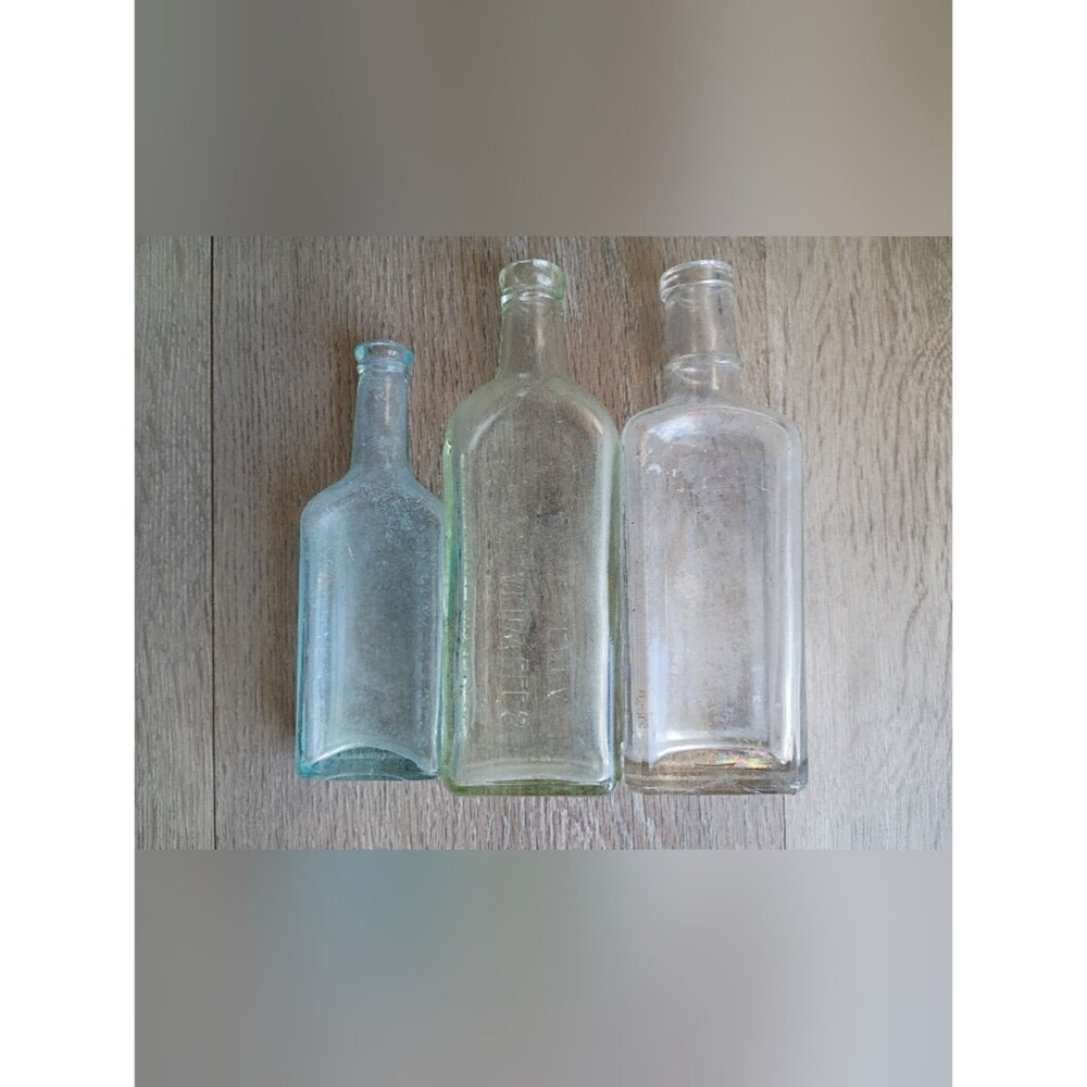 Antique Glass Medicine Bottles Apothecary Lot Of 3 Aqua, Clear, And Green Colors